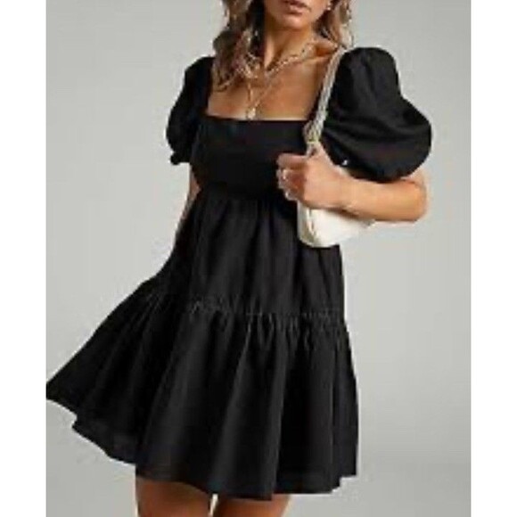 Owngigi Dresses & Skirts - NWT OWNGIGI Women's Black Summer Dress Square Neck Puffy Short Sleeve Tie Back M